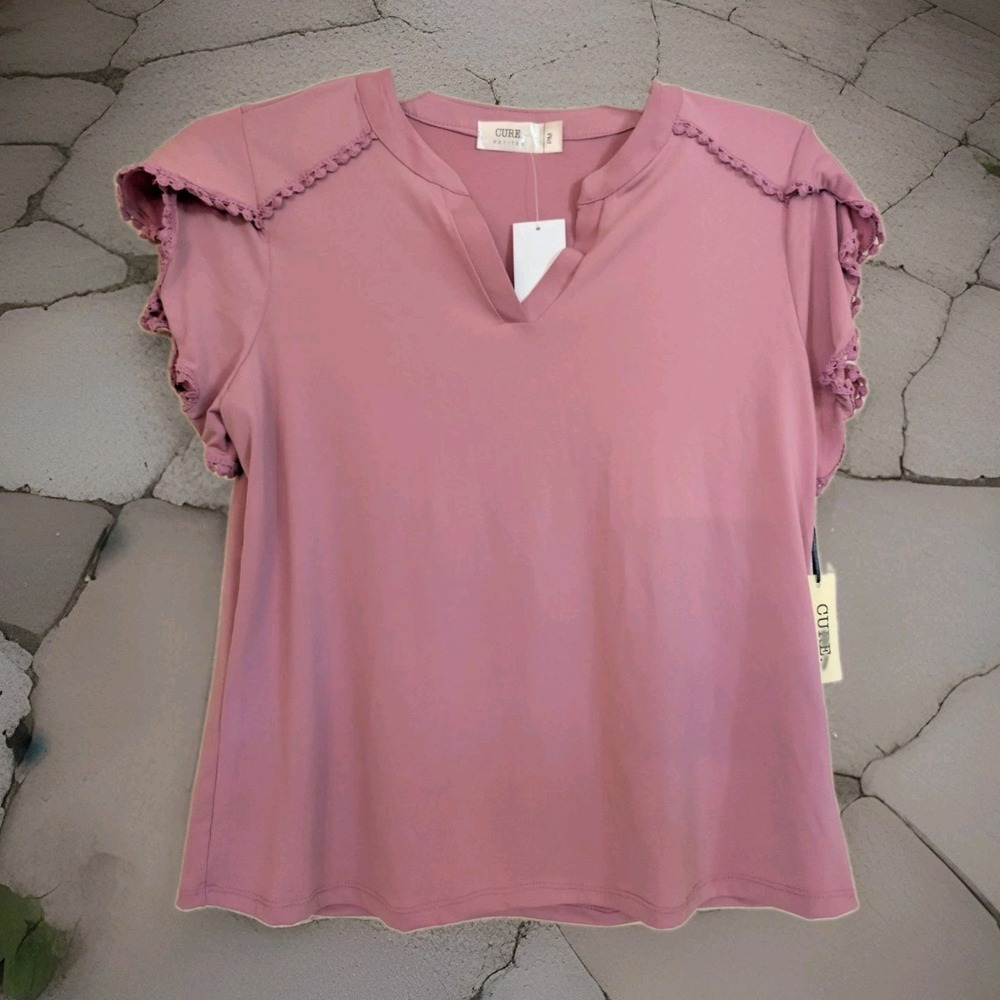 Cure Petites Dusty Pink Ruffle Sleeve V-Neck Blouse MP2-5726 Pink PM PXL